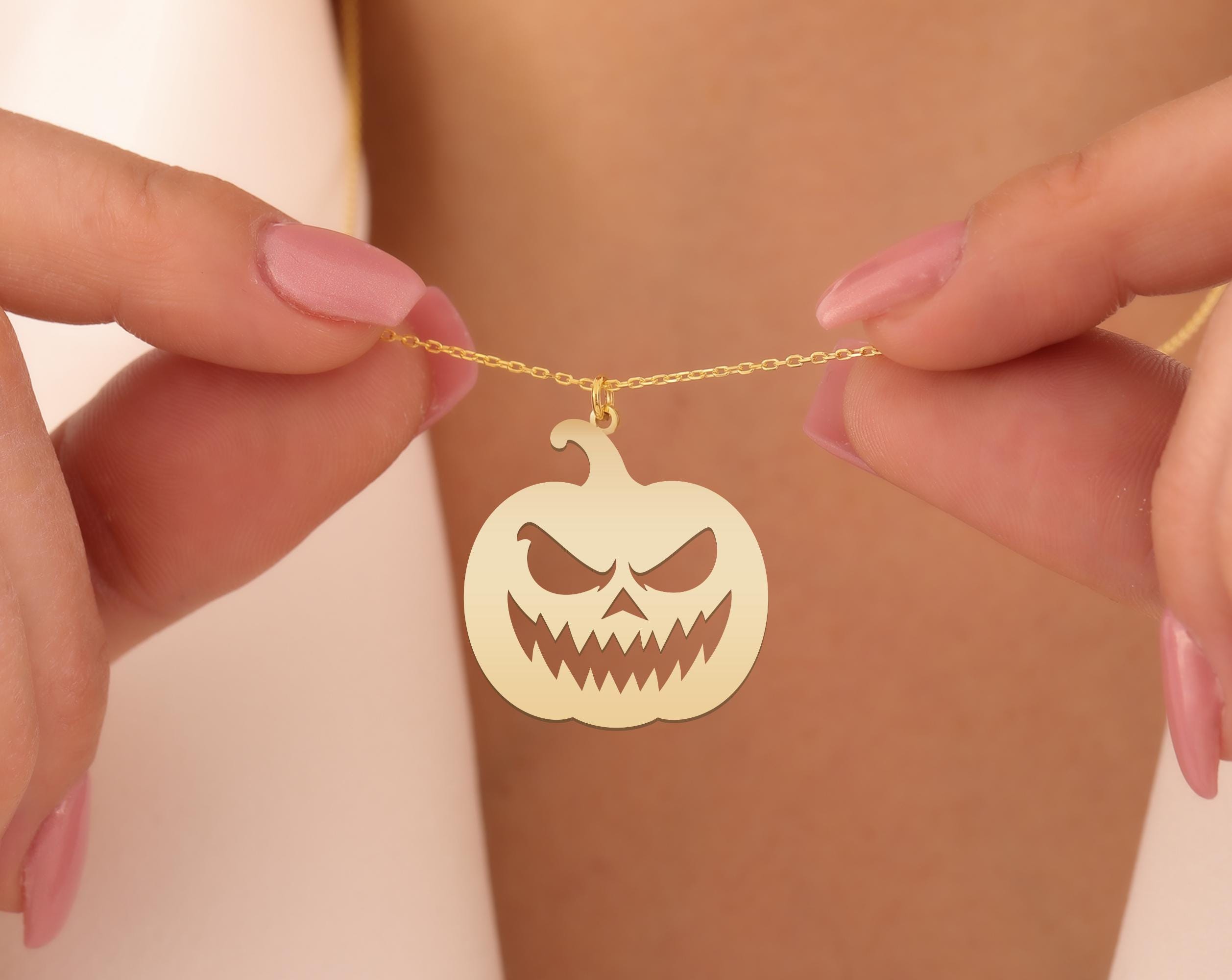 Halloween Pumpkin Necklace | Scary Jack O Lantern Pendant Jewelry Gift for Spooky Season and Gothic Fans | Gold Plated Sterling Silver