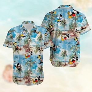 Camisa retro de Mickey Mouse con botones, camisa hawaiana familiar de Disney, camisa playera con estampado tropical, camisa Aloha de Disneyland para hombre, regalo de verano