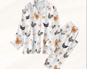 Chicken Valentine Pajamas Set, Coquette Bow Holiday Pajamas, Valentine Day Farm Pajamas For Party, Animal Woman Pjs, Chicken Lover Gift