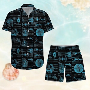 Camisa/pantalones cortos de Star Wars, pantalones cortos de playa de verano, camisa hawaiana de la película Star Wars, camisa hawaiana de nave espacial para hombre y mujer, camiseta divertida para vacaciones