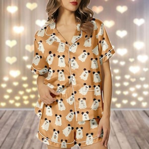 Ghost Mickey Ears Satin Pajamas Set, Funny Halloween Women Pajamas, Cute Boo Sleepwear, Disney Spooky Pajamas, Halloween 2025 Gift
