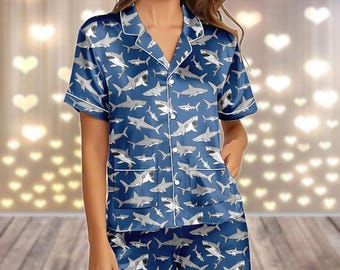 Vintage Shark Satin Pajamas Set, Ocean Fish Theme Holiday Pajamas, Blue Sleepwear For Women, Shark Love Short Pajamas Set, Gift For Her