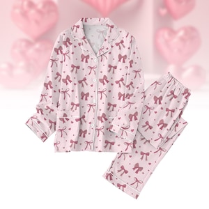 Coquette Valentine Pajamas Set, Bows Valentine Holiday Pajamas, Lover Heart Pajamas Pants, Matching Pajamas Set, Girly Sleepwear