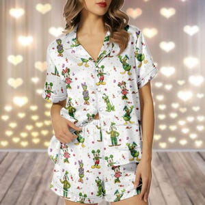 Mickey And Friends Satin Pajamas, Pluto Nature Themed Silk Pjs, Donald Goofy Plant Women Pajamas, Disney Vacation 2026 Pjs Pants