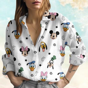 Mickey And Friends Linen-Look Shirt, Disney Characters Women Shirts, Disney Mouse Head Blouse Top, Magical Shirt For Summer Trip