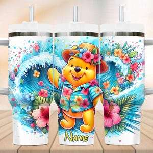 Custom Winnie The Pooh 40oz Tumbler, Colorful Pooh Bear Tumbler, Disney Trip Insulated Tumbler, Summer Flowers Cup, Pooh Love Gift