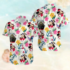 Disney Friends Cruise Button Shirt, Mickey Mouse Hawaiian Shirt, Mickey Minnie Captain Beach Shirt, Floral Tropical Pattern Aloha Shirt