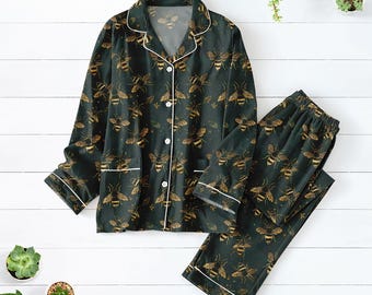 Zestaw piżamowy w stylu vintage z motywem pszczół, ciemnozielona piżama damska z motywem owadów, piżama dla druhen w stylu naturalnym, bielizna nocna dla miłośników pszczół, kwiatowy komplet wypoczynkowy