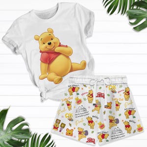 ディズニー プーさん Tシャツ/ショーツ、くまのプーさん パジャマセット、プーさん レディース パジャマ、ディズニー ファミリー トリップ シャツ、夏用漫画パジャマ