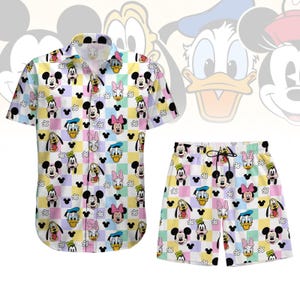 Mickey And Friends Button Shirt, Disney Family Hawaiian Shirt, Beach Shorts For Trip 2025, Cartoon Characters Vacation Shirt