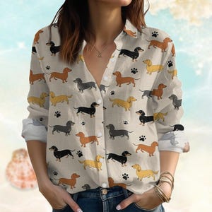 Retro Dachshund Dog Blouse Shirt, Sausage Dog Tops Women, Dog Family Button Shirt, Funny Vacation Shirt, Summer Gifts