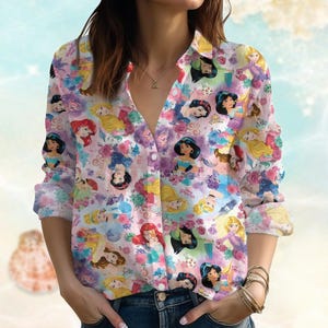 Disney Princess Blouse Shirt, Cinderella, Rapunzel, Belle, Tiana Princess Women Shirt, Disney Girl Blouses Tops, Gift For Her/Girlfriend
