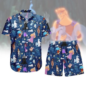 Camisa con botones de Hércules de Disney, camisa hawaiana con personajes de dibujos animados, pantalones cortos de playa para hombre, camisa de vacaciones de mitología griega, camisetas de Disneyland