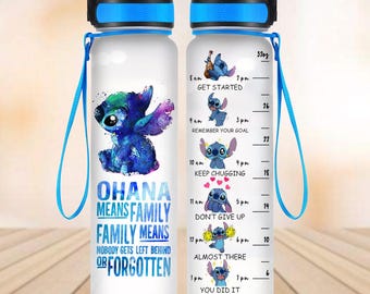 Personalized Stitch Water Tracker Bottle, Ohan Mean Family Drink Bottle, Disney Trip 32oz Water Bottle, Cute Stitch Funny Water Bottle