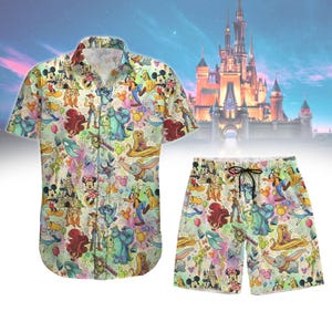 Disney Friends Button Shirt/Shorts, Magic Castle Hawaiian Shirt, Disneyland Trip Beach Shirt, Shorts Men, Disney Family 2025 Tee
