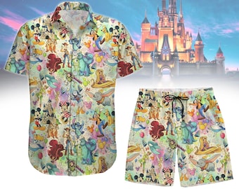 Disney Friends Button Shirt/Shorts, Magic Castle Hawaiian Shirt, Disneyland Trip Beach Shirt, Shorts Men, Disney Family 2025 Tee