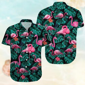 Flamingo Button Shirt, Pink Bird Hawaiian Shirt, Flamingo Shirt For Beach Trip, Aloha Shirt For Women Men, Summer Shirt Men