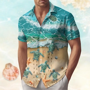 May include: Short-sleeved button-down shirt featuring a beach scene with turquoise waves, sand, and sea turtles. The shirt has a relaxed fit and a tropical design, perfect for a summer vacation or casual wear.