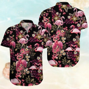 Flamingo Floral Button Shirt, Pink Birds Hawaiian Shirt, Funny Animals Beach Shirt For Family, Flamingo Love Shirt, Gift For Summer