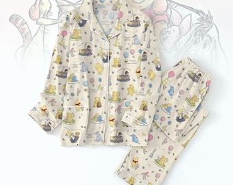 Retro Winnie Pooh Pajamas Set, Pooh Eeyore Tigger Women Pajamas, Disney Vacation Pajamas Pants, Cute Cartoon Characters Sleepwear