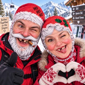 May include: Two people wearing red balaclavas with Santa and Mrs. Claus face prints. The Santa mask features a white beard, a cigar, and the text HO HO HO. The Mrs. Claus mask has white hair, a pearl necklace, and a holly accent on the hood.