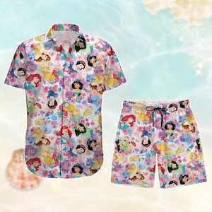 Princess Disney Button Shirt/Shorts, WDW Princess Hawaiian Shirt, Beach Shorts Men, Cinderella, Rapunzel, Belle Shirt, Disney Girl Trip