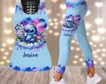 Custom Stitch Tank Top, Disney Stitch Leggings, Lilo And Stitch Yoga Tank Top, Disneyland Workout Tops, Leggings For Girls, Summer Gift