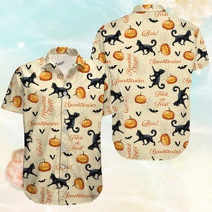 Black Cat Button Shirt, Halloween Cat Shirt, Spooky Cat Mom Shirt, Cat Hawaiian Shirt, Halloween Button Up Shirt, Halloween Party Shirt