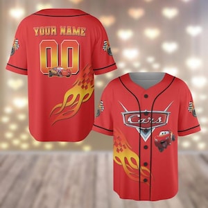 Aangepaste honkbaltrui van Lightning McQueen, honkbalshirt Disney Cars, retro Cars bijpassende teamjersey, raceshirt, autoliefhebber geschenken