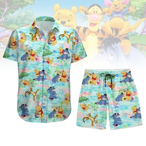 Pooh und Freunde Knopf Shirt / Shorts, I-Ah, Tigger Schweinchen Hawaii-Shirt, Winnie The Pooh Strand Shirt, Sommerhose, Disney Trip Shirt