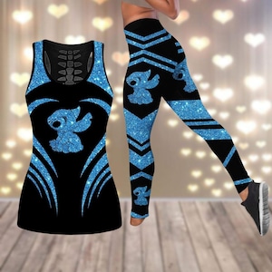 Stitch Tank Top And Leggings, Disney Family Yoga Tank Top, Cartoon Workout Tops, Yoga Pants For Girl, Lilo And Stitch Fan Work Outfits