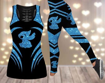 Conjunto de regata e legging do Stitch, regata de ioga da família Disney, tops de treino com desenhos animados, calça de ioga para meninas, looks de trabalho para fãs de Lilo e Stitch