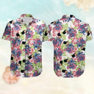 Camisa con botones de Lilo y Stitch, camisa hawaiana de viaje a Disney, camisa playera divertida de Stitch para hombre, camisa de vacaciones de dibujos animados para mujer, camisa tropical