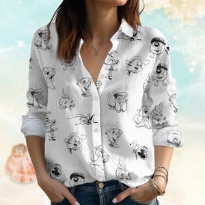 Retro Disney Family Linen-Look Set, Disneyland Women Shirt, Magic Kingdom Blouses Tops Women, Animals Love Button Down Shirt