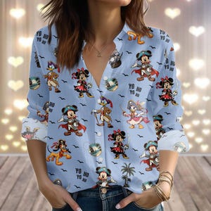 Retro Mickey And Friends Pirate Blouse Shirt, Disney Pirate Women Shirt, Disney Cruise Button Shirt, Minnie Donald Daisy Pluto Shirt