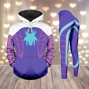 Leggings con cappuccio viola da cosplay di Spider Gwen, felpa con cappuccio da Gwen Stacy, costume da Spidey, costume da supereroe Disney per donna, felpa di Halloween 2025