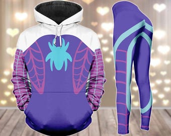 Moletom com capuz roxo para cosplay da Spider Gwen, moletom com capuz para fantasia de aranha da Gwen Stacy, traje feminino de super-heroína da Disney, moletom de Halloween 2025