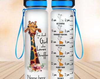 Custom Giraffe Water Tracker Bottle, Giraffes 32oz Water Bottle, Cute Animal Water Bottle, Funny Water Bottle, Bottle For Gymer