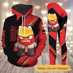 May include: Red and black hoodie with a cartoon character of Anger from the movie Inside Out. The hoodie has the name "Michael" on the left side and the word "Anger" on the right side. The character is wearing a tie and has a red face with flames on his head.