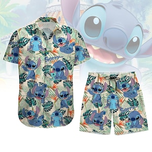 Camisa/pantalones cortos con botones de puntada, camisa hawaiana de Disney Stitch, pantalones cortos de playa para hombre, camisa de verano con estampado tropical, camisetas hawaianas de dibujos animados para mujer