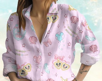 Mickey Coquette Bow Castle Linen-Look Shirt, Disneyland 2025 Blouses Shirt, Magic Kingdom Women Shirt, Disney Girl Trip Casual Shirt