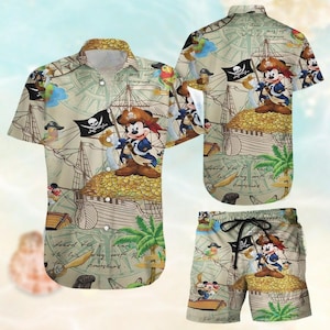 Mickey Pirate Button Shirt, Mickey Mouse Hawaiian Shirt, Disney Mouse Shorts Men, Disneyland Trip Aloha Shirt, Vacation Gift For Family