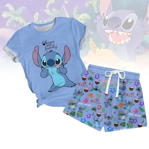 Camiseta/pantalones cortos "Ohana significa familia" de Stitch, pijama de Lilo y Stitch, pijama de viaje de Disney, camiseta divertida de Stitch, pijama de dibujos animados