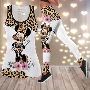 Disney Minnie Leopard Tanktop, Minnie Mouse Tank Top, Minnie Women Leggings, Cartoon Workout Tank For Girls, Disney  Outfit For Summer