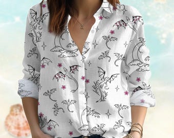 Dragon Fourth Wing Blouse Shirt, Dragon Rider Tops Women, Bookish Love Casual Shirt, Retro Button Up Shirt, Gift For Readers
