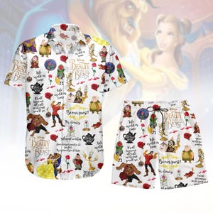 May include: A white short-sleeved shirt and shorts set with a Beauty and the Beast theme. The design includes characters, roses, and phrases from the film. The shorts have a drawstring waist for comfort.