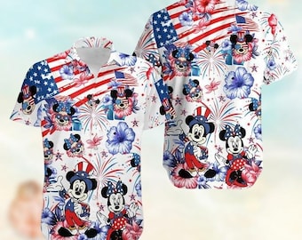 Mickey Mouse USA Flag Button Shirt, Disney 4th Of July Hawaiian Shirt, Disney Vacation Shirt For Summer Holiday, Patriotic Beach Shirt