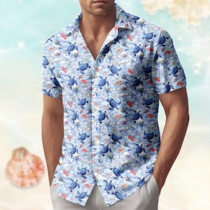 Sea Turtle Button Shirt, Lobster Seahorse Starfish Hawaiian Shirt, Sea Life Aloha Shirt Men, Beach Shorts, Summer 2026 Clothing