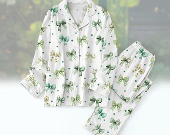 Zestaw piżam Coquette Patrick's Day Bow, piżama Shamrock Lucky Bow, piżama Irish Patrick Holiday, piżama Green Day Sleepwear, prezenty na szczęście