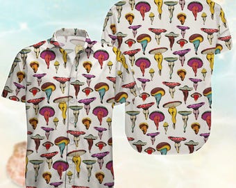 Funky Mushroom Button Shirt, Nature Hawaiian Shirt, Mushroom Collection Beach Shirt Men, Funny Tropical Aloha Shirt, Summer Gift